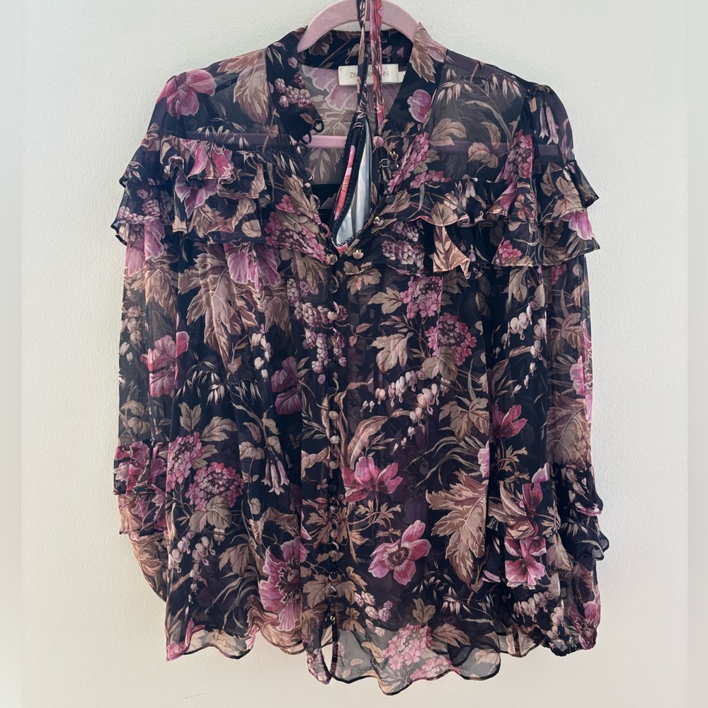 Zimmermann Silk Floral Ruffle Blouse - Black and Pink